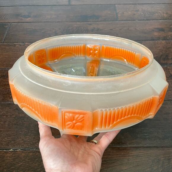 Vintage Art Deco Shade Ceiling Light Fixture Frosted Glass w/ Orange Etched MCM - Picture 11 of 16